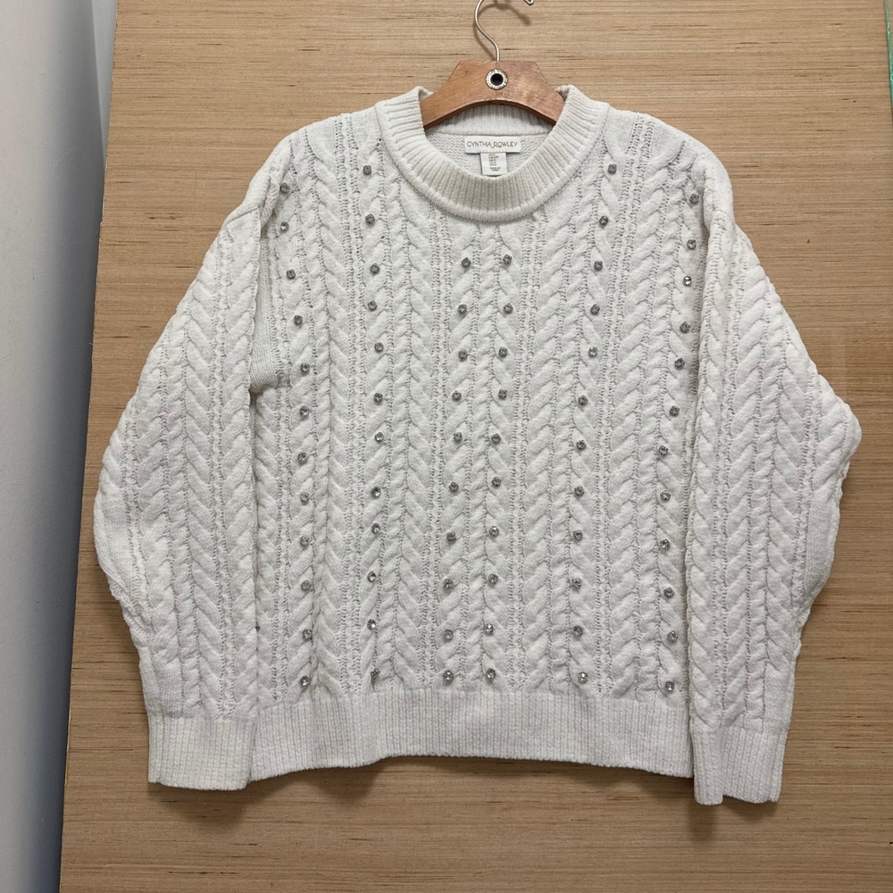 Cynthia Rowley Ivory Cable Knit Rhinestone Embellished Crew Neck‎ Sweater Small